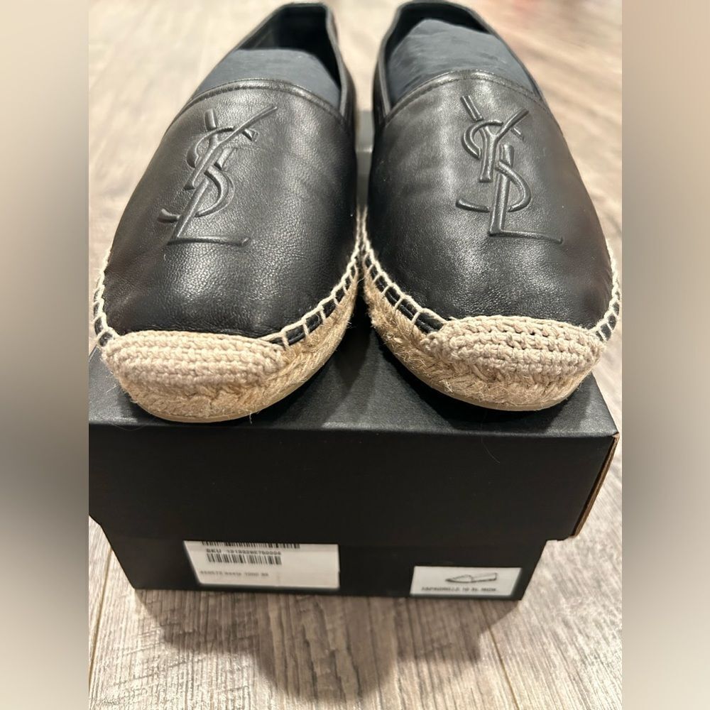 YSL Saint Laurent Black Nappa Leather Espadrilles Flat Shoes Logo - Picture 3 of 7